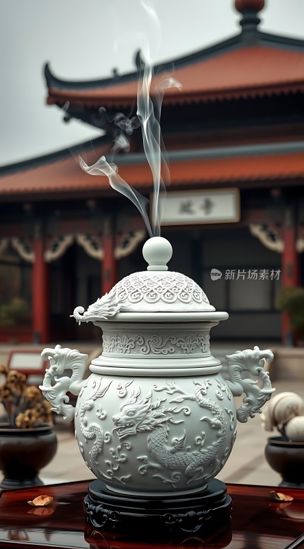 龙纹香炉云雾缭绕古寺静穆