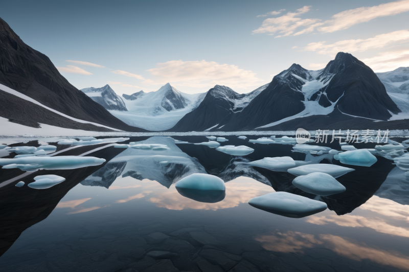 山倒映在有冰山和雪的湖中高清风景图片