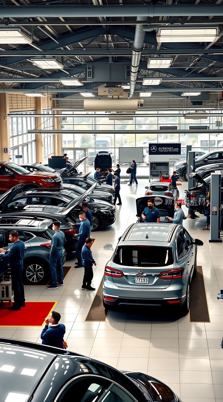 汽修车间里的忙碌工作场景