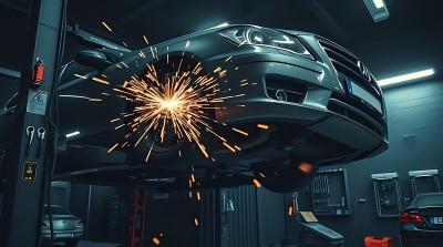 火花四溅的车间里的汽车维修 火花四溅的车间里的汽车维修