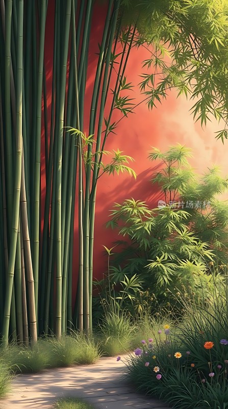 竹影婆娑映红墙