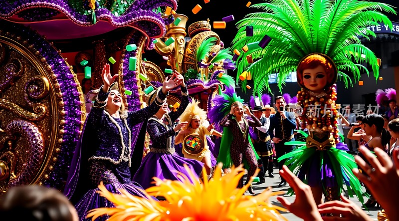 狂欢节上的欢乐舞者与华丽花车