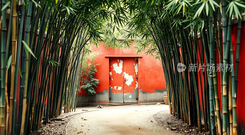 竹影斑驳映红墙