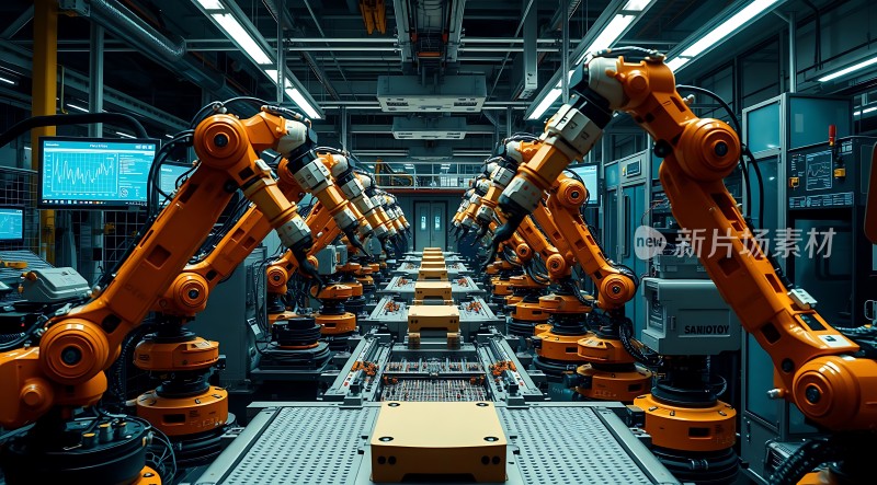 智能工厂生产线上的橙色机械臂协作作业