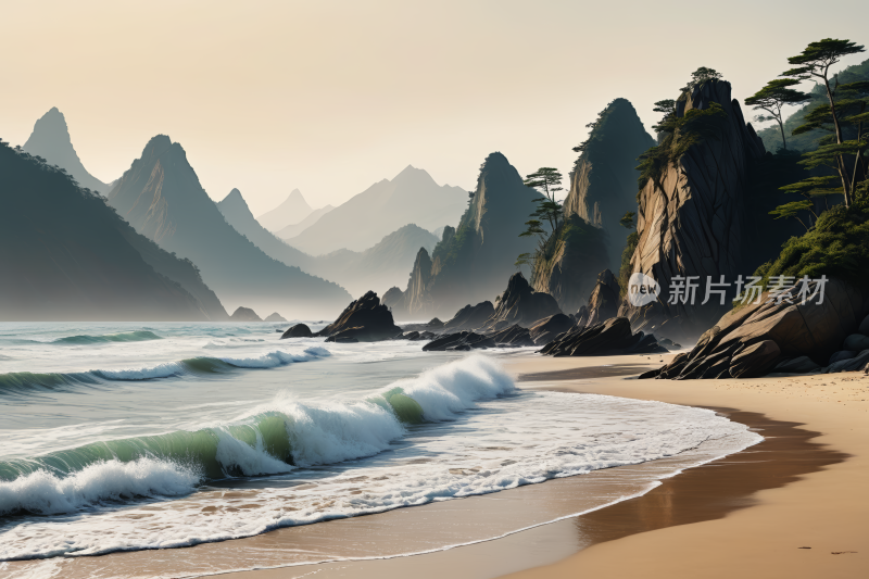 山脉和海滩的海浪拍打着沙滩风景插画图片