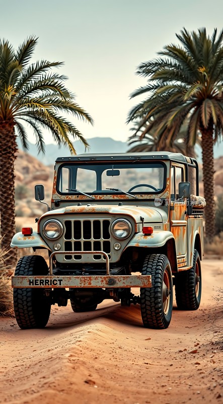 沙漠探险之旅越野车穿越棕榈树丛