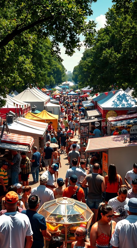 夏日集市热闹非凡人群熙攘摊位林立绿树成荫