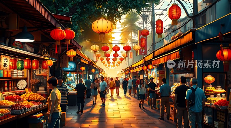 夜市繁华灯笼高悬热闹非凡