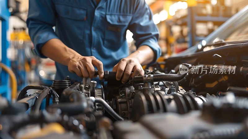 维修工人在车间里精心修理汽车发动机