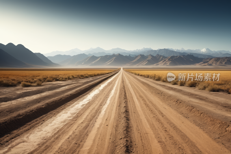 沙漠中央的土路山脉高清风景图片