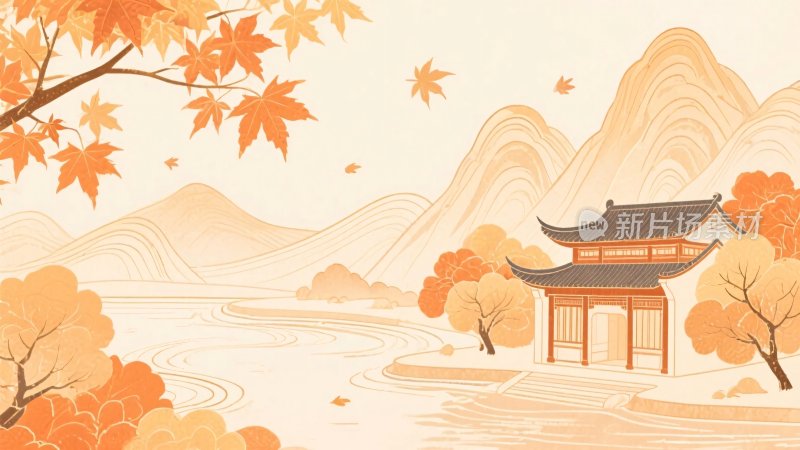 中式山水古亭插画