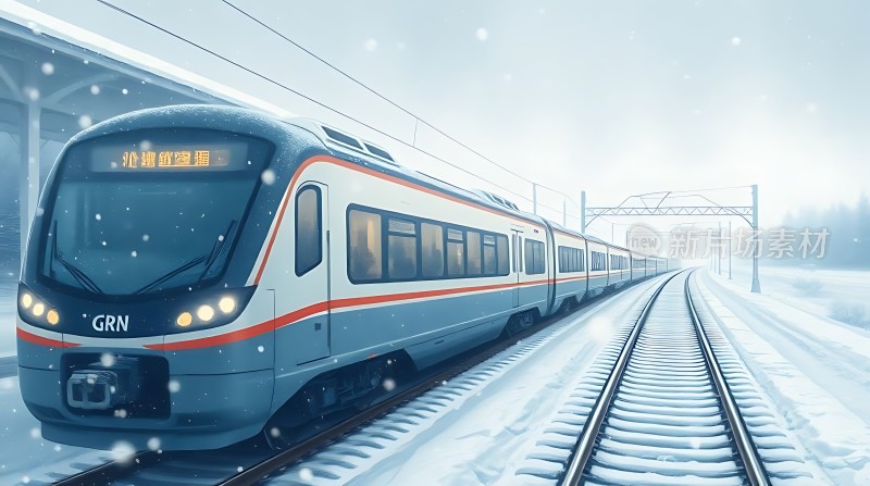 雪地高铁列车行驶在铁轨上