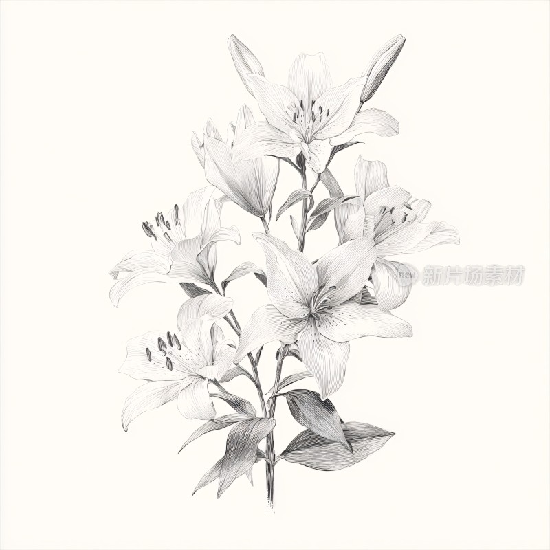 黑白手绘百合花插画
