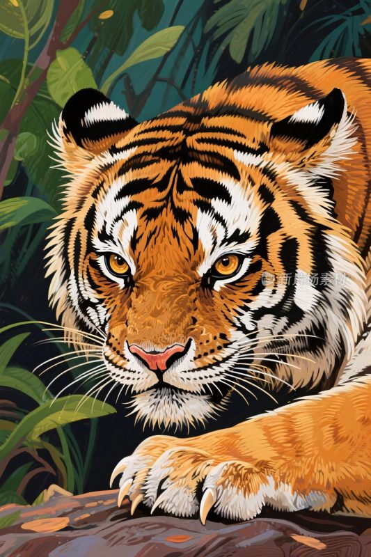 森林中的老虎插画