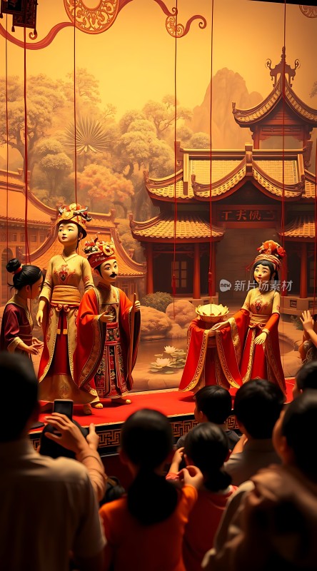 木偶戏表演观众围观