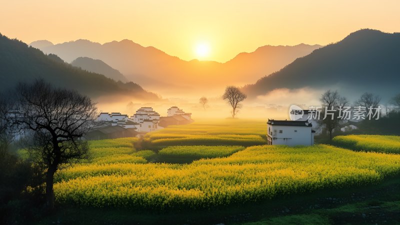 油菜花海中的古村落 油菜花