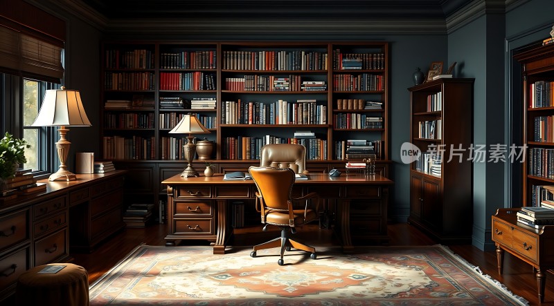 书房一角书架、桌椅与地毯