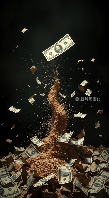 金钱风暴美元纸币在空中飞舞形成旋涡状