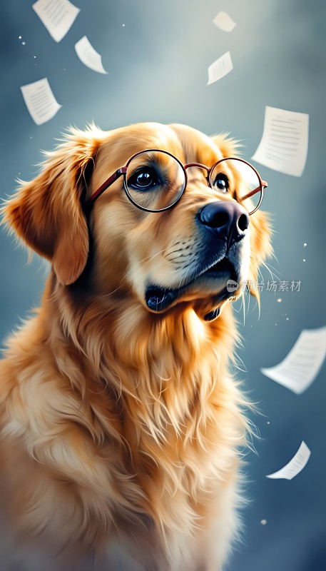 戴眼镜的狗狗与飞舞的纸张