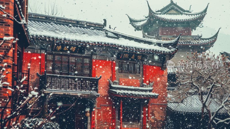 冬天中国塔楼亭台楼阁下雪古风雪景