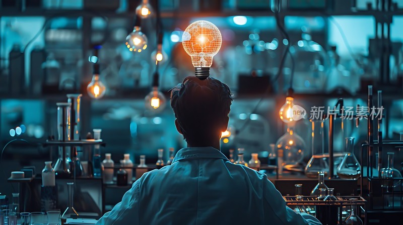 科研人员头顶灯泡灵感迸发