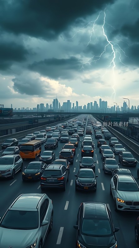 城市暴雨中的车流与闪电