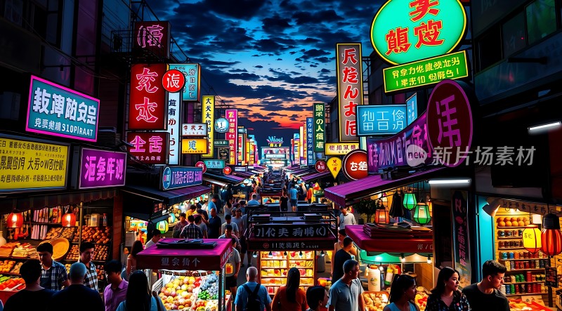 霓虹灯下的繁华夜市