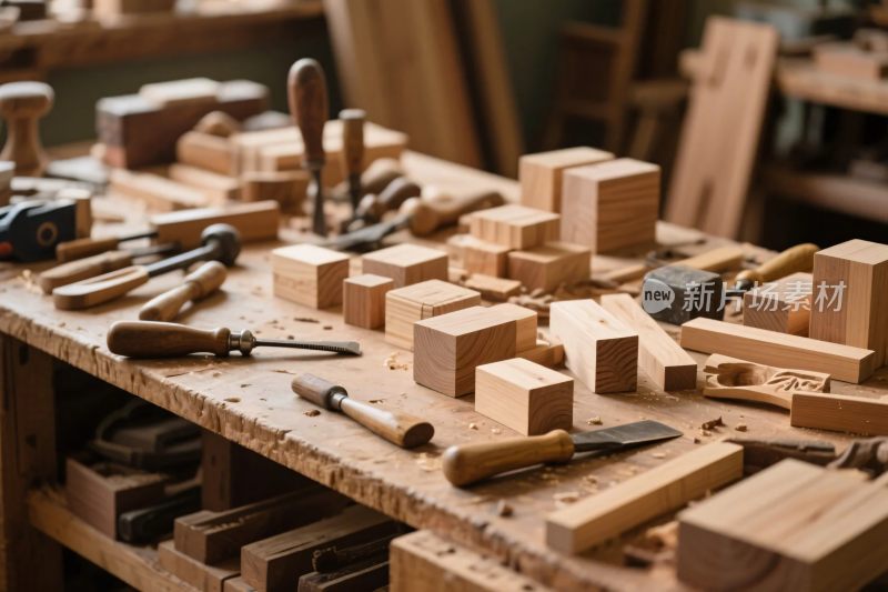 木工工作台工具与木材