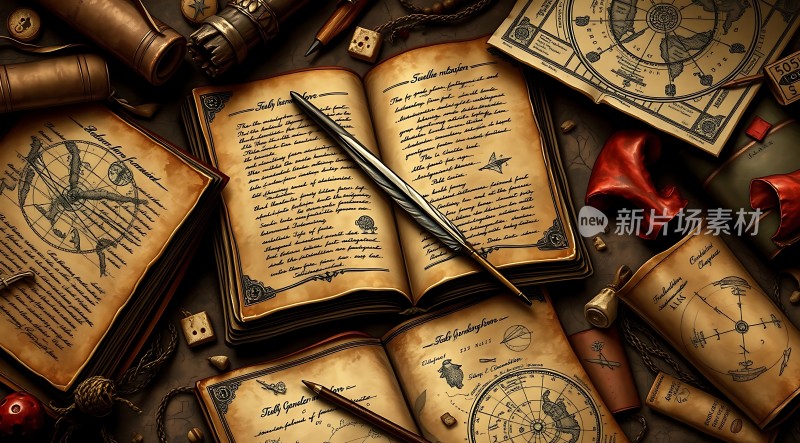 古旧书籍与羽毛笔