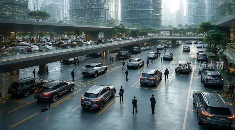 现代都市停车场高楼林立车辆穿梭人群熙攘