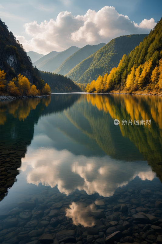 山倒映在被岩石包围的湖水中高清风景图片