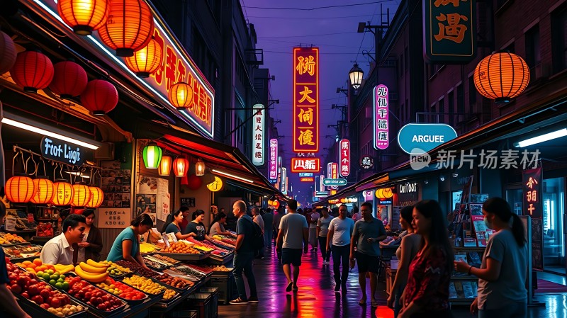 霓虹灯下的繁华夜市热闹非凡
