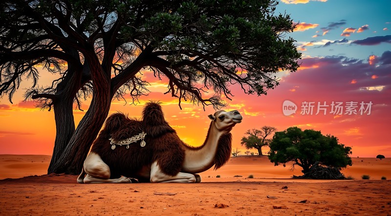 沙漠驼影日落图