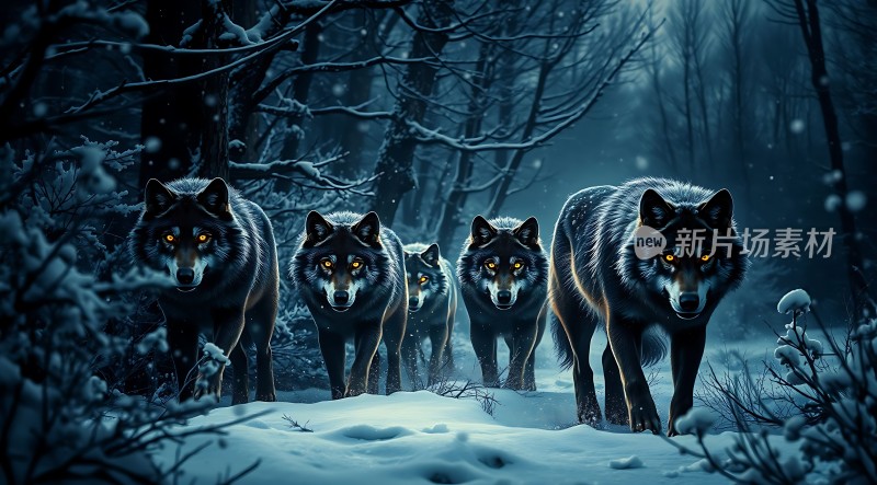 雪夜狼群森林中的神秘之旅