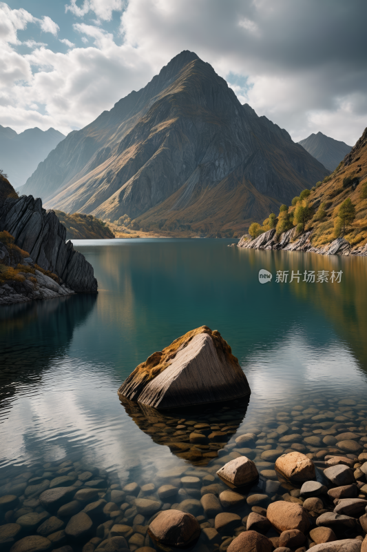 湖中央一块大岩石高清风景图片