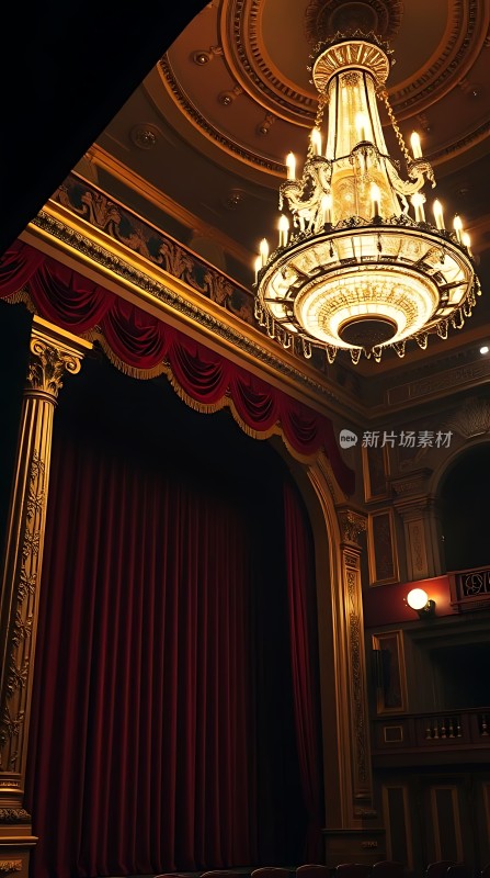 剧院舞台上的华丽吊灯和红色幕布