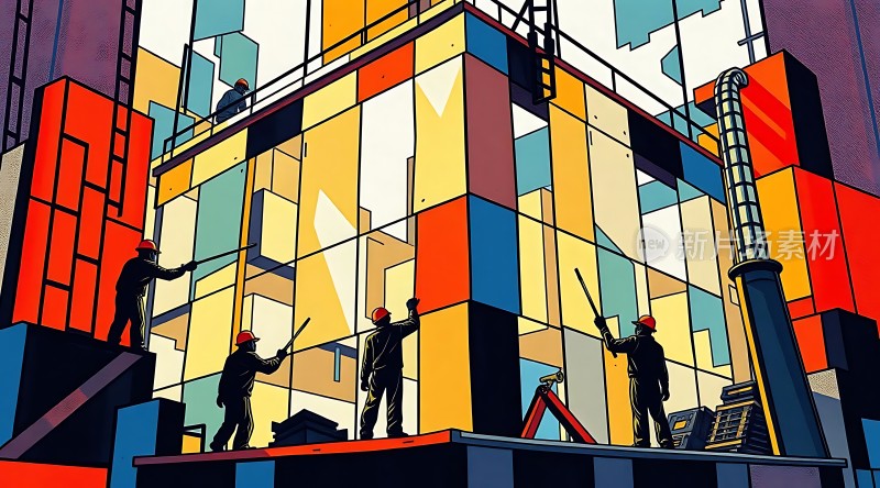 工人合力建设多彩大楼