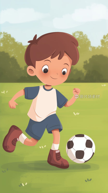 一个小男孩在游乐园的草坪上开心地踢足球