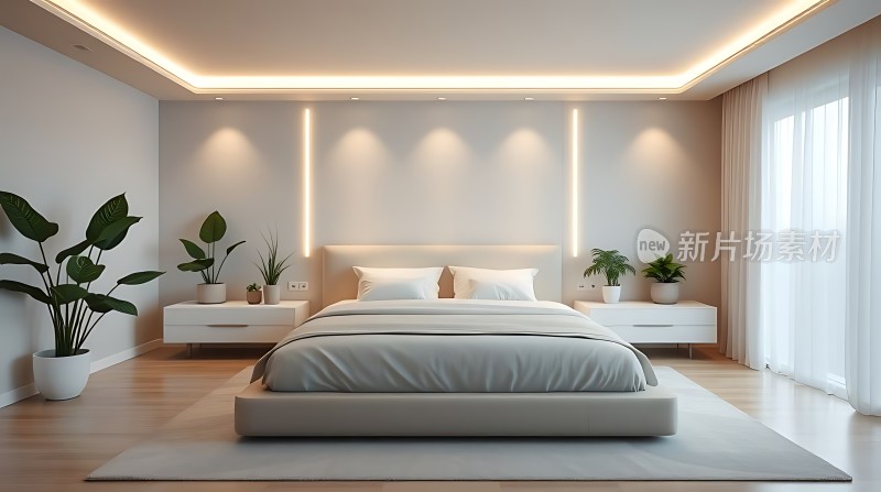 现代简约卧室温馨宁静绿植点缀灯光柔和