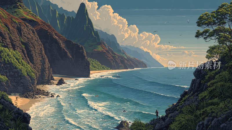 海边壮丽山景插画