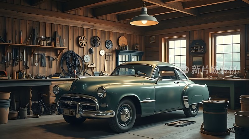 复古车库里的经典汽车