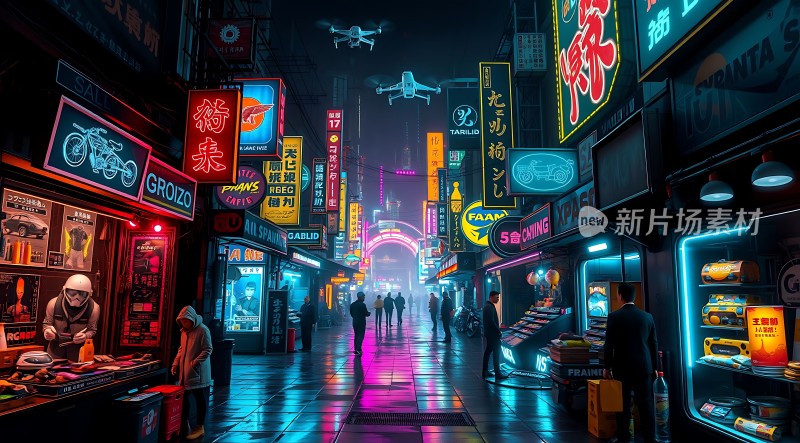 霓虹灯下的未来都市风情街