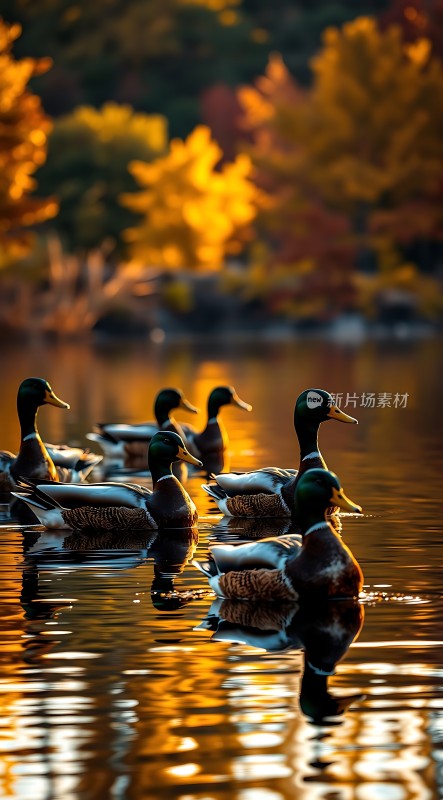 秋日湖畔群鸭悠然游弋