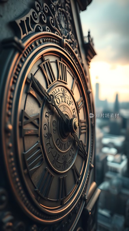 古铜色时钟映衬城市黄昏美景