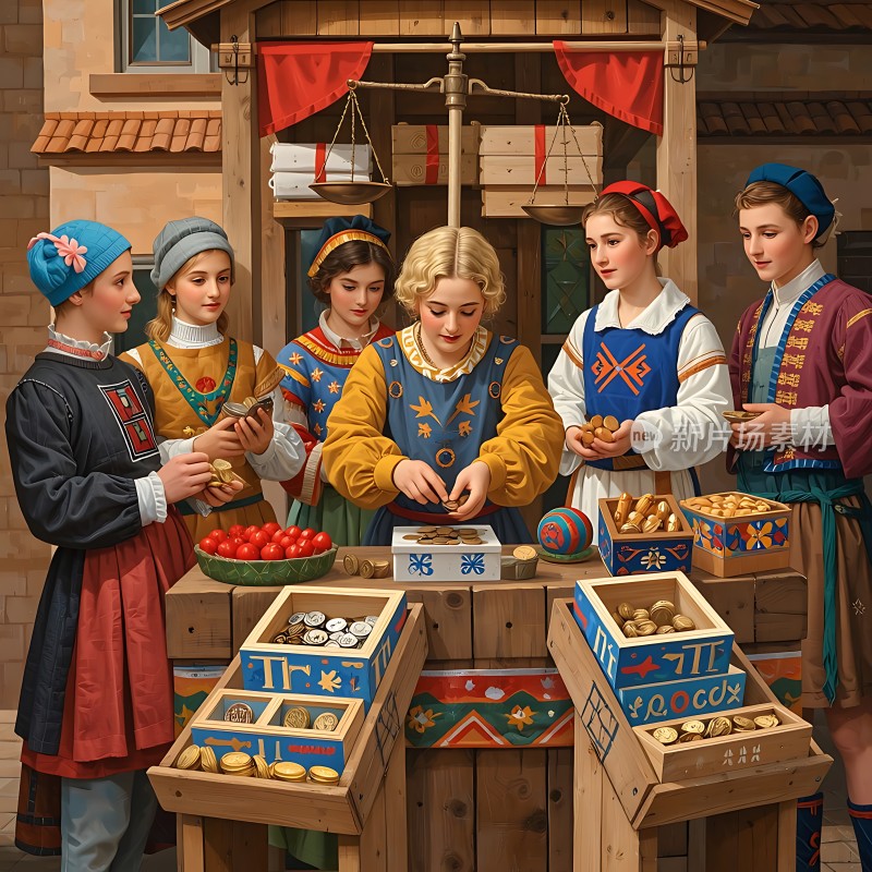 中世纪集市上的交易场景