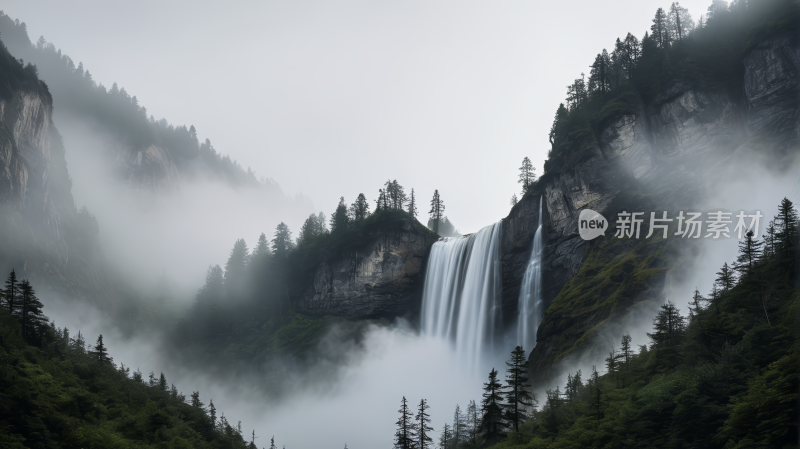 森林中央的瀑布高清风景图片