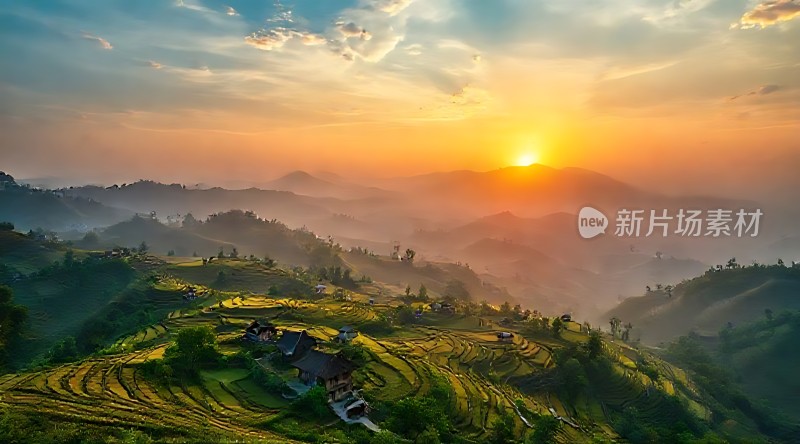 梯田晨曦阳光洒满山谷