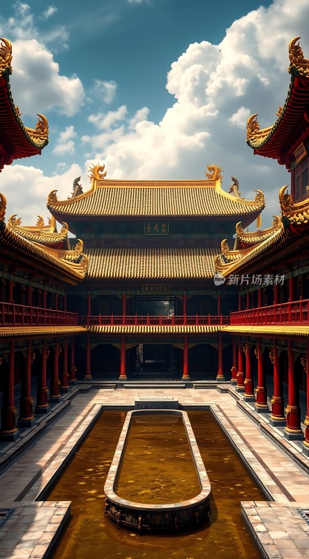 金碧辉煌古建筑红柱黄瓦映蓝天