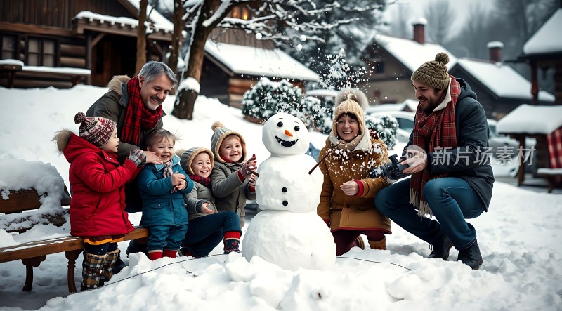冬日家庭雪人欢乐时光