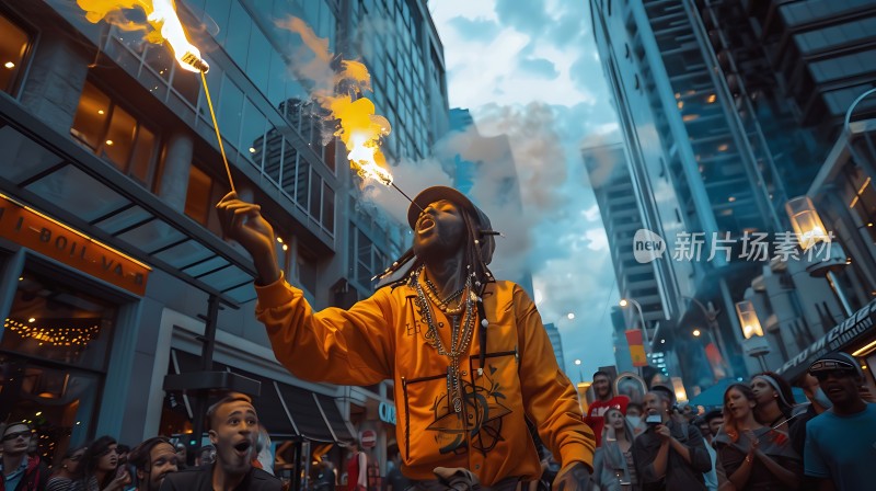 街头表演者点燃火焰观众围观